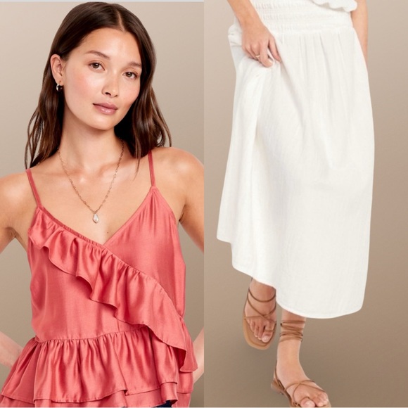 NWT🌹GAP OLD NAVY XL🌹RED BASIL FLUTTERED TOP & SEA SALT SMOCKED WAIST MAXI SKIRT - Picture 1 of 16